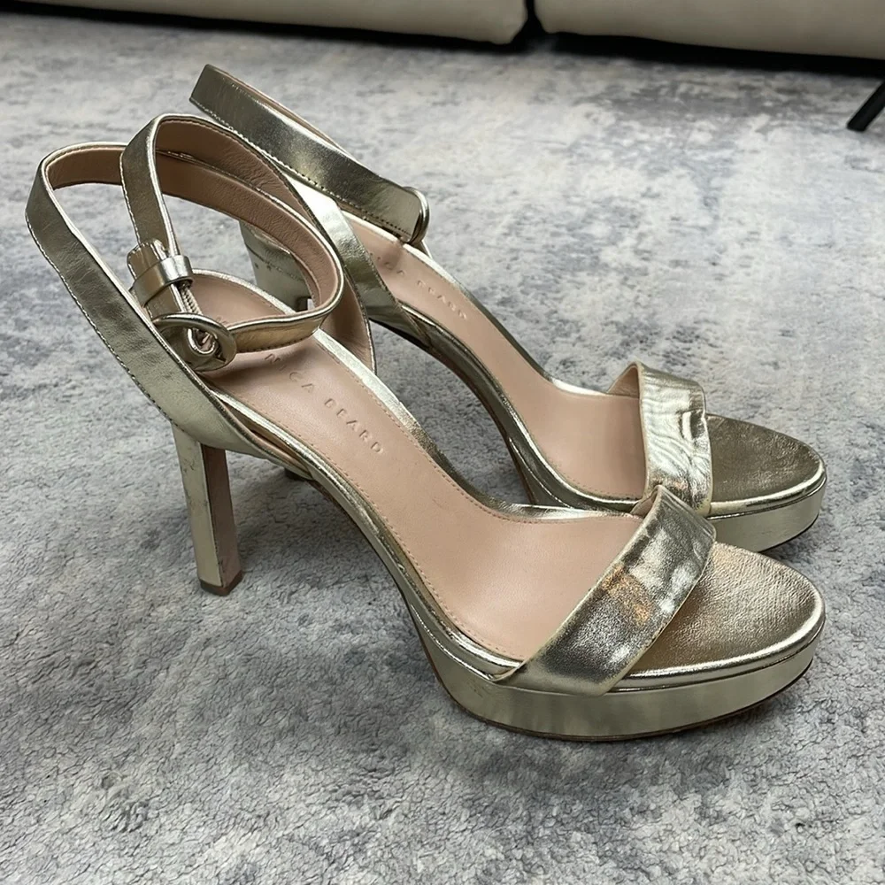 Veronica Beard Darcelle Platform Stiletto Sandal Heels Metallic Gold Sz 9.5